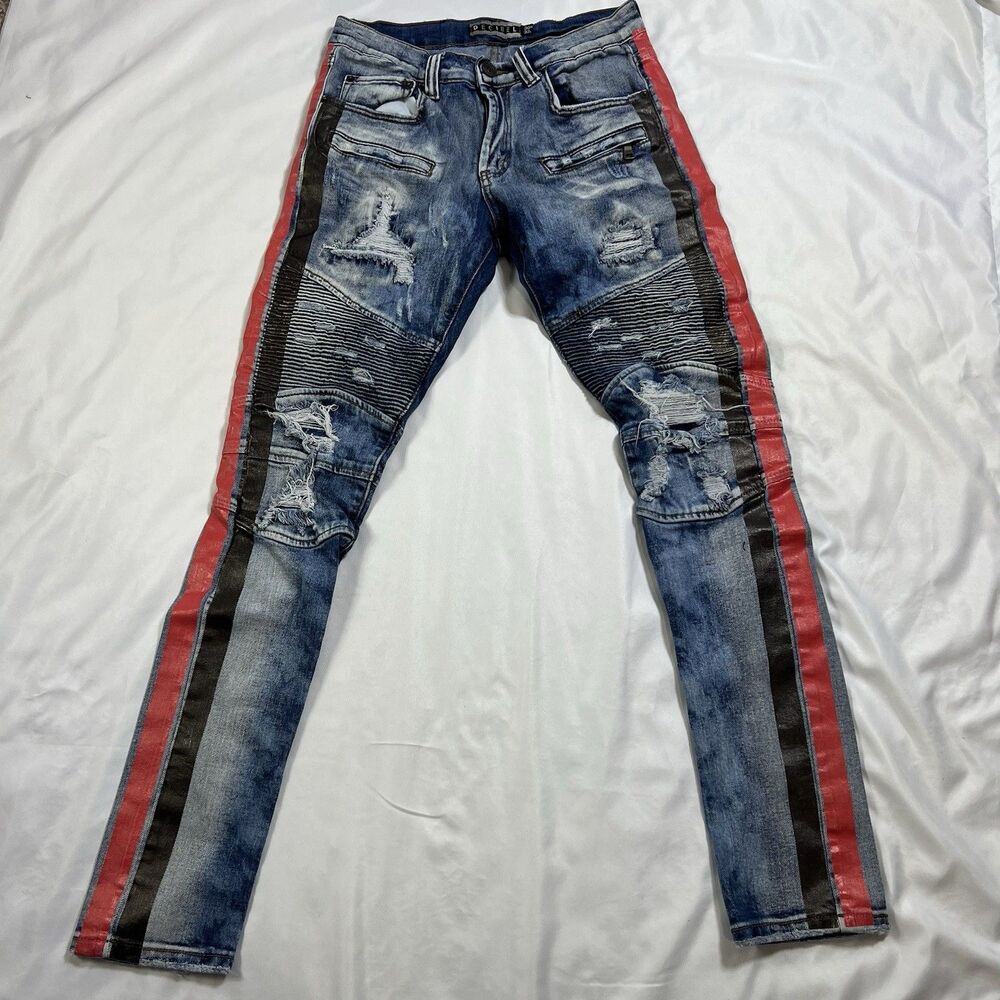 Decibel Mens Red Black Side Stripe Moto Jeans Streetwear 30x32 Grunge Distressed